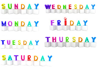 Image showing Set of 3d colorful cubes with white letters - days of the week 