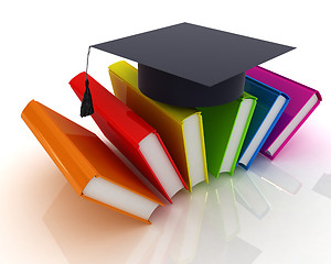 Image showing Colorful books and graduation hat 