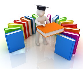 Image showing 3d white man in a graduation hat with useful books - best gift a