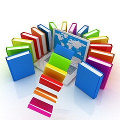 Image showing Colorful books flying and laptop 