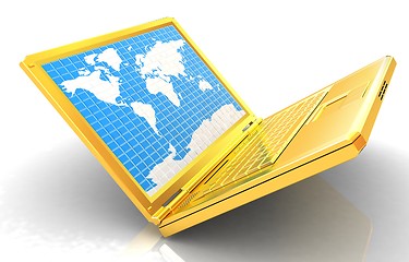 Image showing Gold laptop with world map on screen 