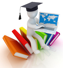 Image showing 3d man in graduation hat sitting on books and working at his lap