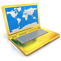 Image showing Gold laptop with world map on screen 