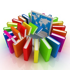 Image showing Colorful books flying and laptop 