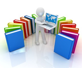 Image showing 3d man sitting on books and working at his laptop 