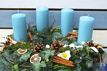 Image showing Christmas wreath with blue candles