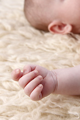 Image showing Hand of a small baby lying on a blanket