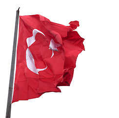 Image showing Waving flag of Turkey with flagpole