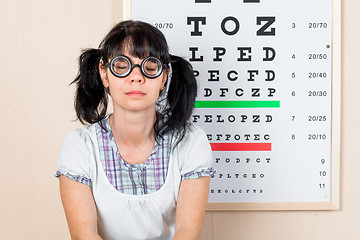 Image showing Funny woman wearing spectacles in an office at the doctor