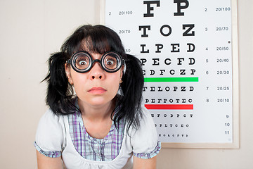 Image showing Funny woman wearing spectacles in an office at the doctor