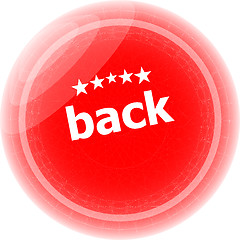 Image showing back word on red stickers button, label