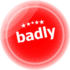 Image showing badly word on red stickers button, label