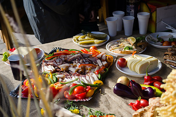 Image showing tray with meat vegetable sausage slices on table 