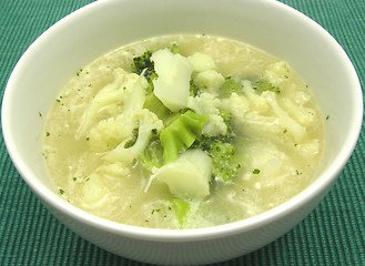 Image showing Soup with cauliflower and broccoli in a bowl of chinaware