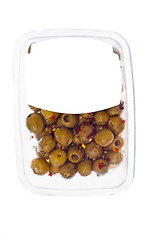 Image showing olives in plastic box surface