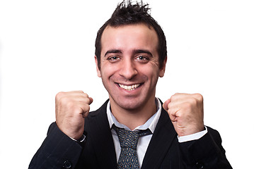 Image showing young businessman enjoying success isolated on white