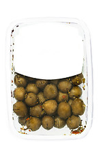 Image showing olives in plastic box surface