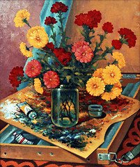 Image showing still life with palette and flowerses