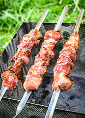 Image showing Hot shish kebab on metal skewers