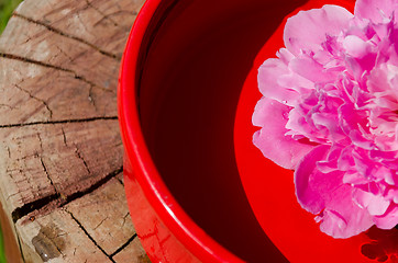 Image showing pink peony petals in clay bowl on wooden surface 