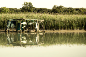 Image showing Fishing shack on sea channel