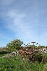 Image showing Abandoned old horse rake in a landscape at springtime