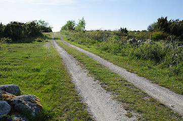 Image showing Rural tracks in a green landscape by a fence and stonewall