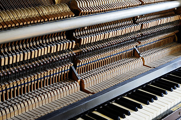Image showing inside the piano: string, pins and hammers