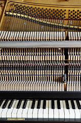 Image showing inside the piano: string, pins, keys 