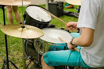 Image showing musical drums cymbals hand with wooden sticks drum 