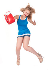 Image showing Pretty girl in boxing gloves in jump