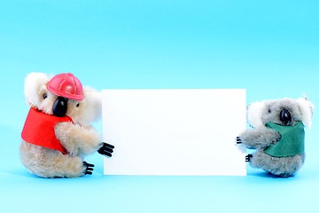 Image showing Two toy koala holding a blank white card