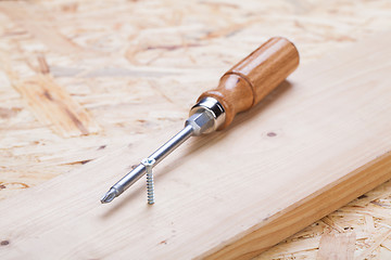 Image showing Phillips head screwdriver and wood screws