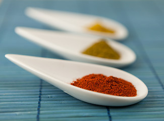 Image showing Dried ground spices in ceramic spoons