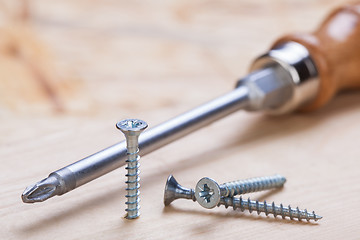 Image showing Phillips head screwdriver and wood screws