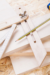 Image showing Carpenters level, ruler and right angle