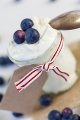 Image showing Jar of clotted cream or yogurt with blueberries
