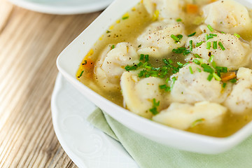 Image showing Dish of savory pork tortellini in broth pelmeni russian