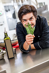 Image showing Chef checking the freshness of a bunch of herbs