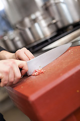 Image showing Chef or butcher dicing meat