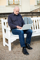 Image showing Man sitting on a bench using a laptop