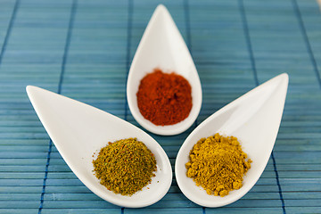 Image showing Dried ground spices in ceramic spoons