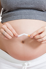 Image showing Pregnant woman breaking a cigarette in two