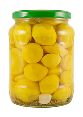 Image showing pickled decorative patisson  jar on white 