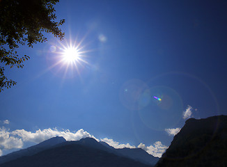 Image showing Shining sun on blue sky in the mountains