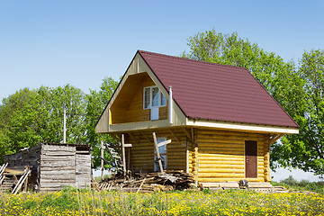 Image showing Wooden house in the meadow with dandelions