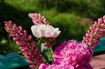 Image showing peony and lupine bouquet on green grass background 