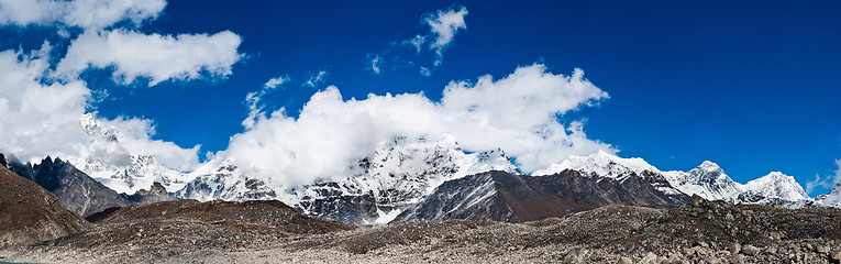 Image showing Himalayas panorama with Mountain peaks and Everest summit