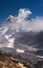 Image showing Panoramic view of Ama Dablam peak and himalaya village