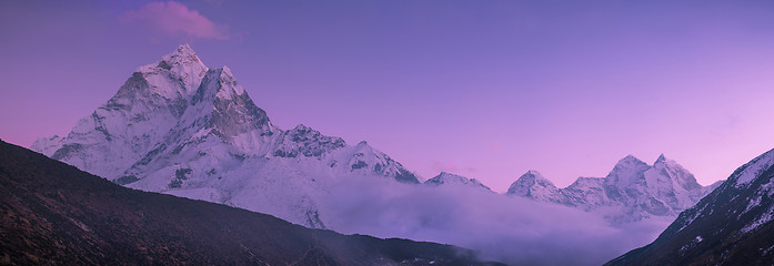 Image showing Ama Dablam peak and purple sunset in Himalayas